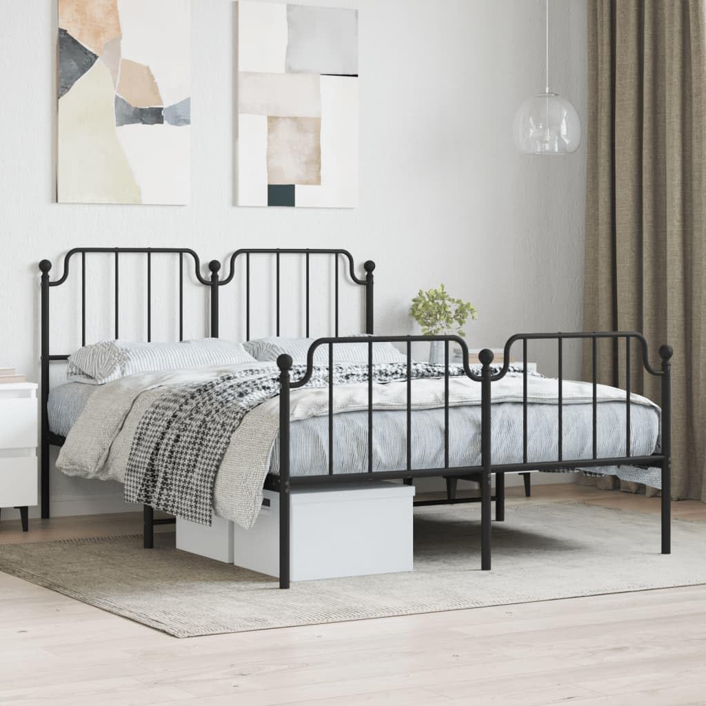 vidaXL Elegant Black Metal Bed Frame with Headboard, Footboard, and Under-Bed Storage for Bedroom