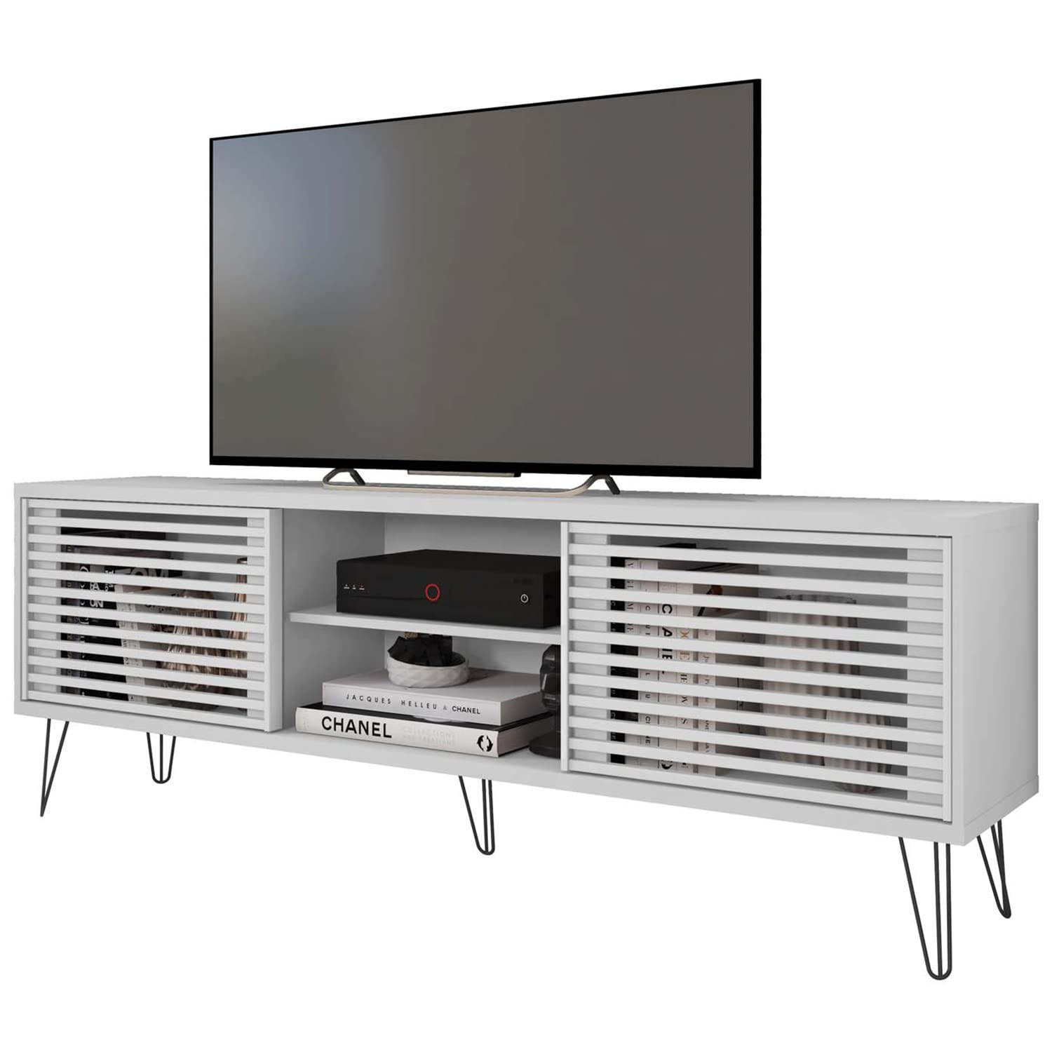 Better Home Products Frizz Mid-Century Modern Tv Stand For Up To 70 Inches Tv In White/Easy Assembly