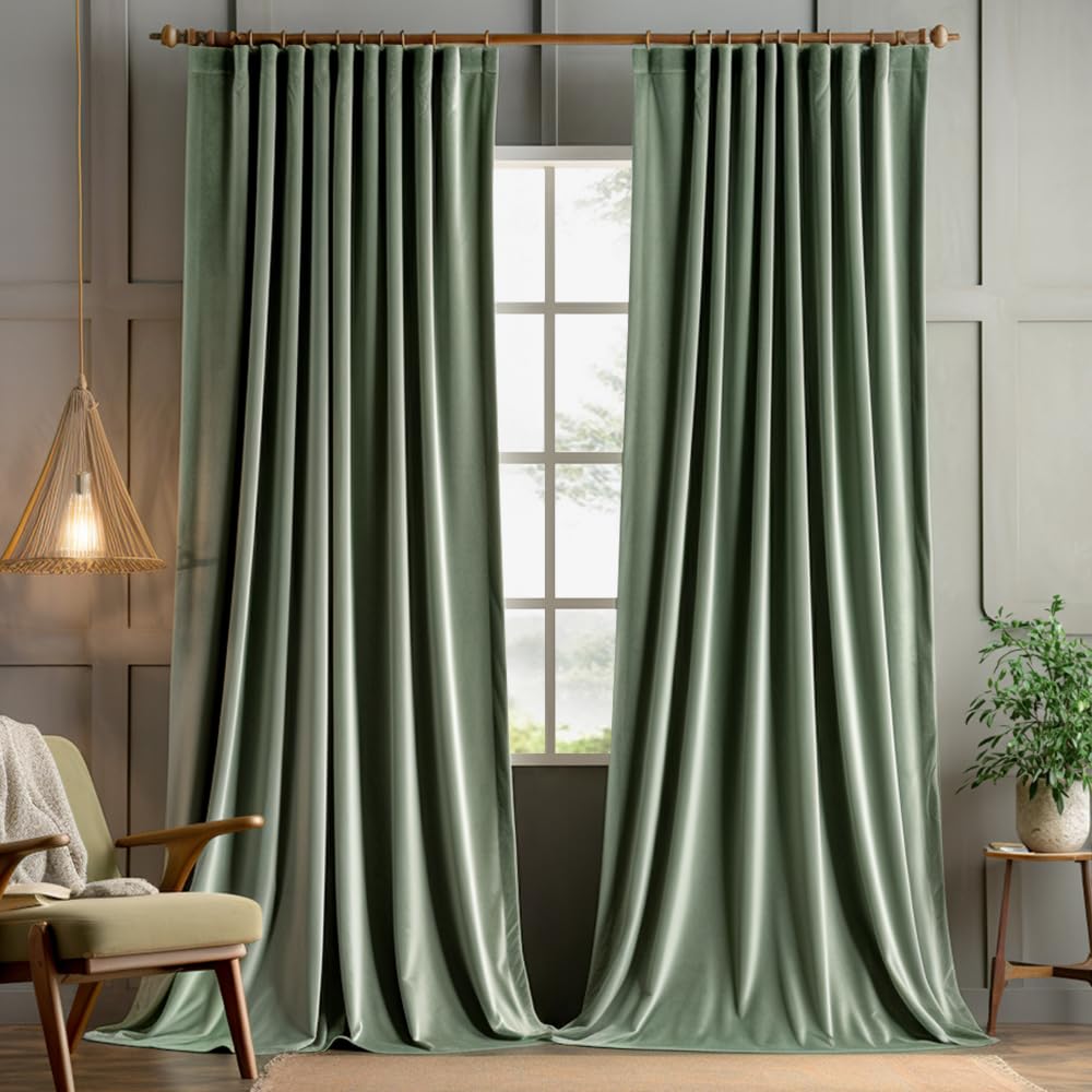 MIULEE Sage Green Velvet Curtains 90 inches 2 Panels - Pinch Pleat Luxury Room Darkening Window Drapes for Bedroom Living Room T