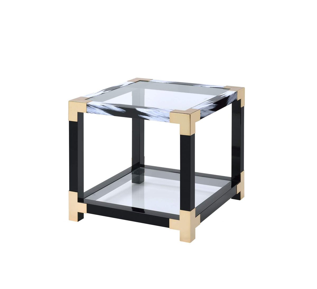 HomeRoots White Brushed, Black, GOL Metal, Glass 25' X 24' X 25' White Brushed Gold and Clear Glass End Table