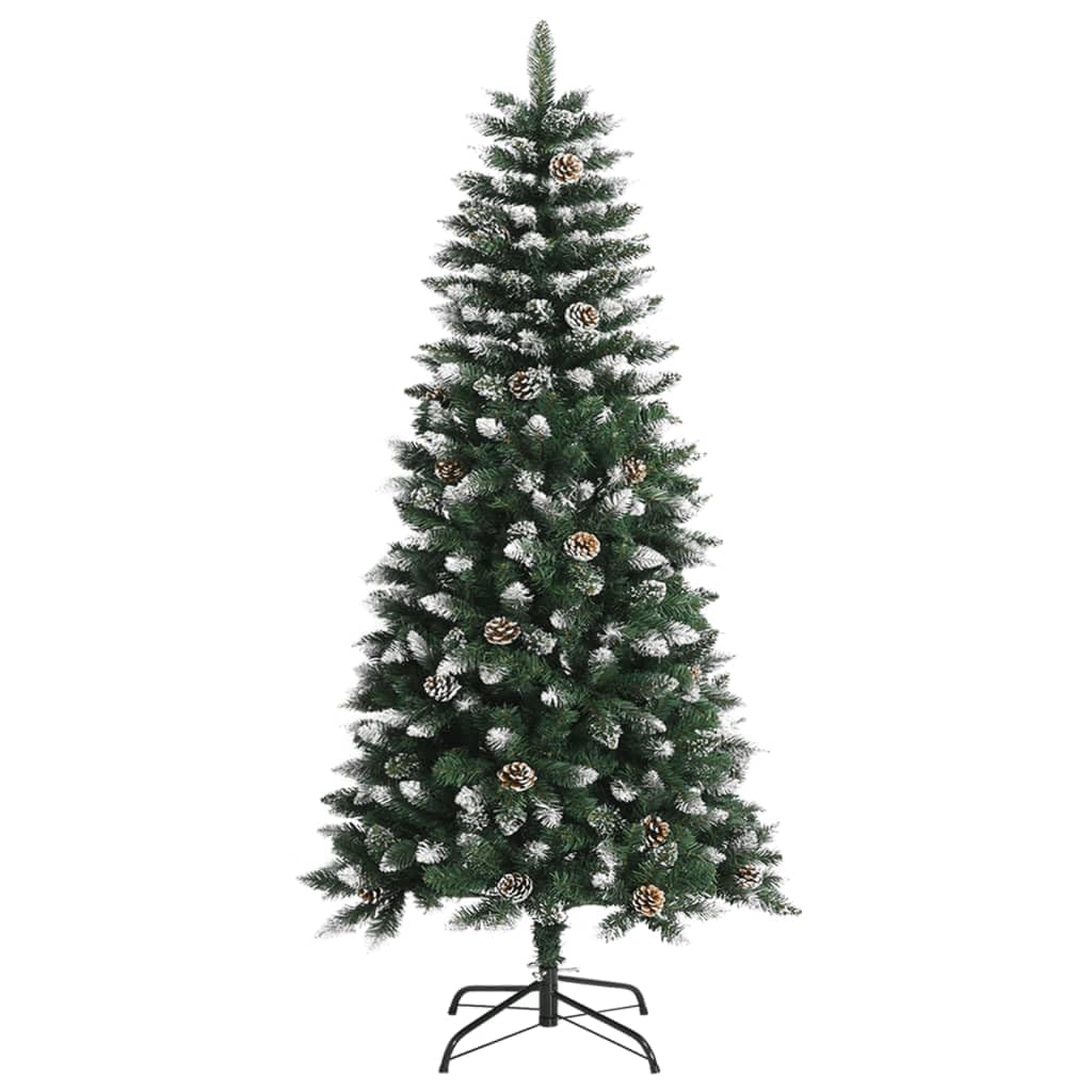 vidaXL Artificial Christmas Tree 82.7&quot; with Stand - PVC Material, 300 LED Lights, Hinged Branches, Green/White, Sturdy Steel Base, Snow & Glitter Decor, 38 Cones