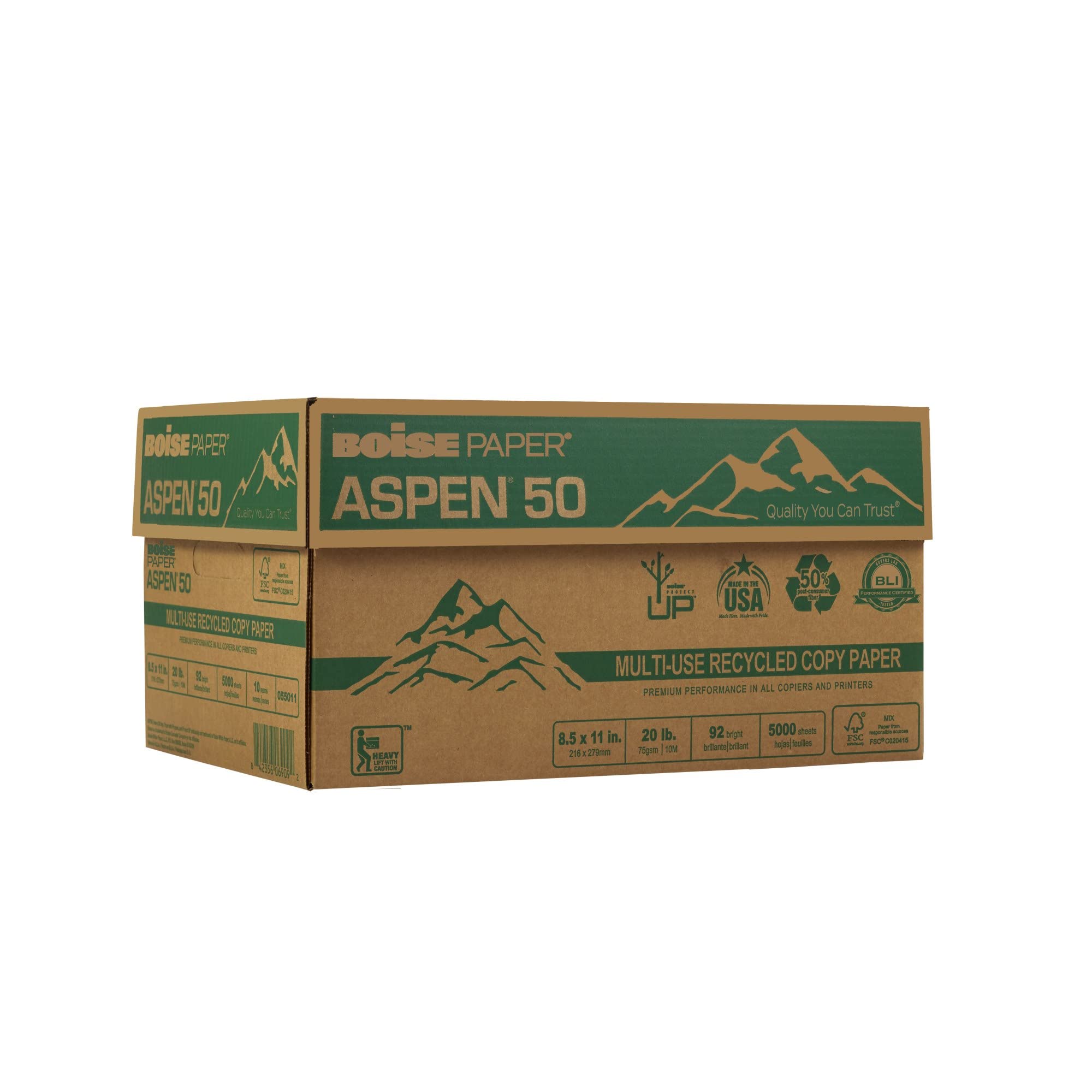 Boise - Aspen 50% Recycled Office Paper, 92 Bright, 20Lb, 8-1/2 X 11, White, 5000/Ct
