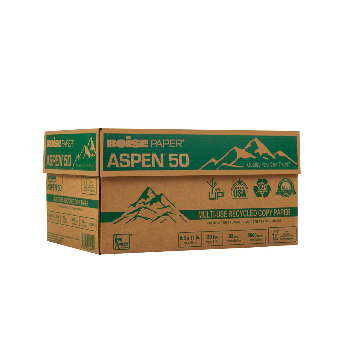 Boise - Aspen 50% Recycled Office Paper, 92 Bright, 20Lb, 8-1/2 X 11, White, 5000/Ct