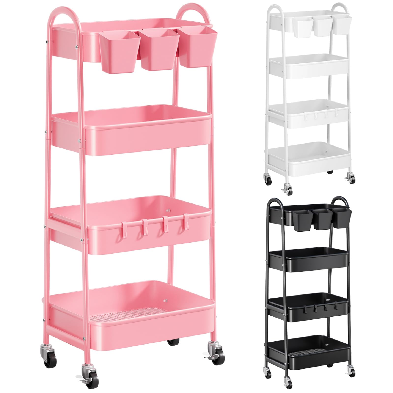 4 Tier Metal Rolling Cart with Lockable Wheels and Handle, Four Tiered Pink Trolley Cart on Wheels, Utility Storage Organizer fo