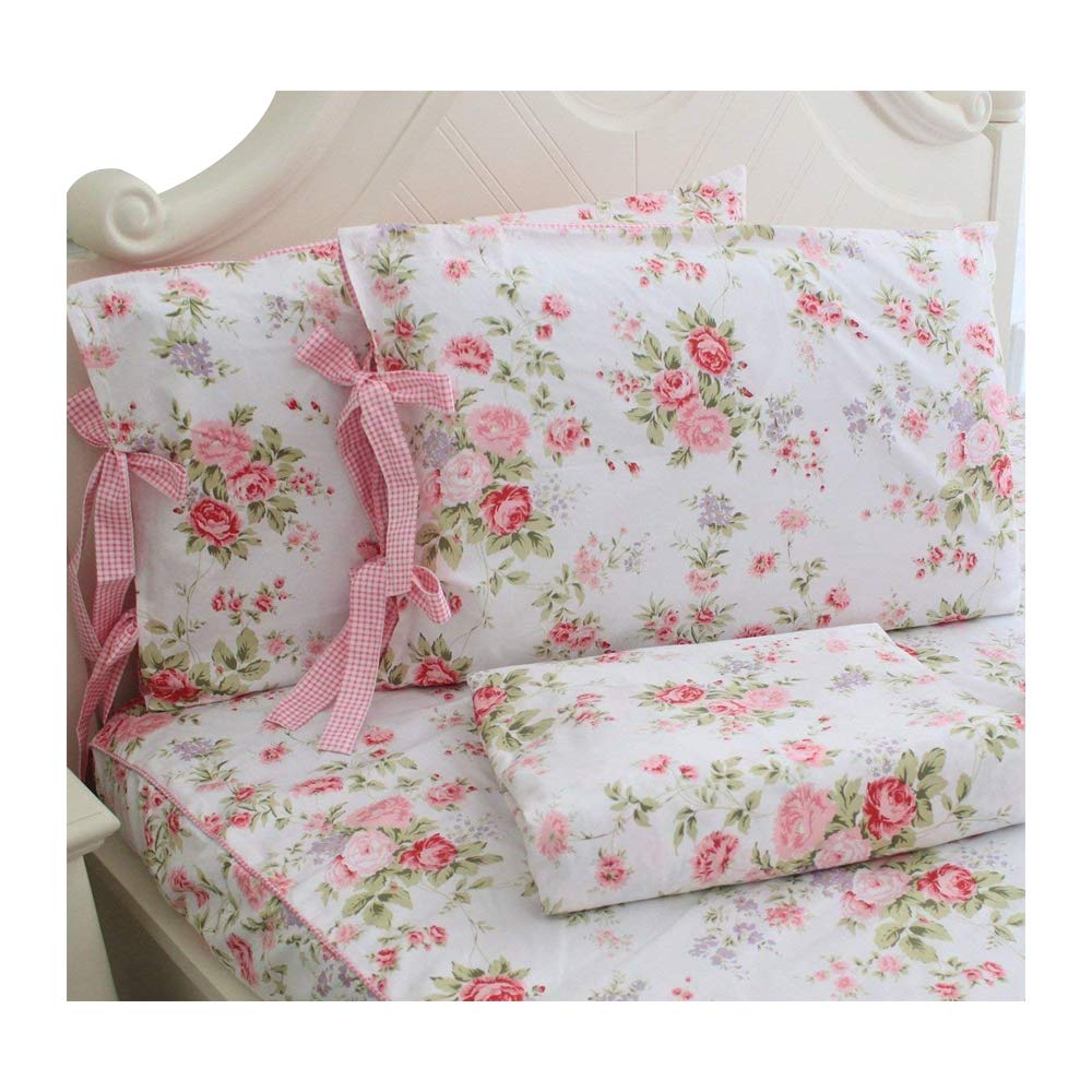 Fadfay Bed Sheets Pink Rose Floral Print Bed Sheet Set 4-Piece Full Size