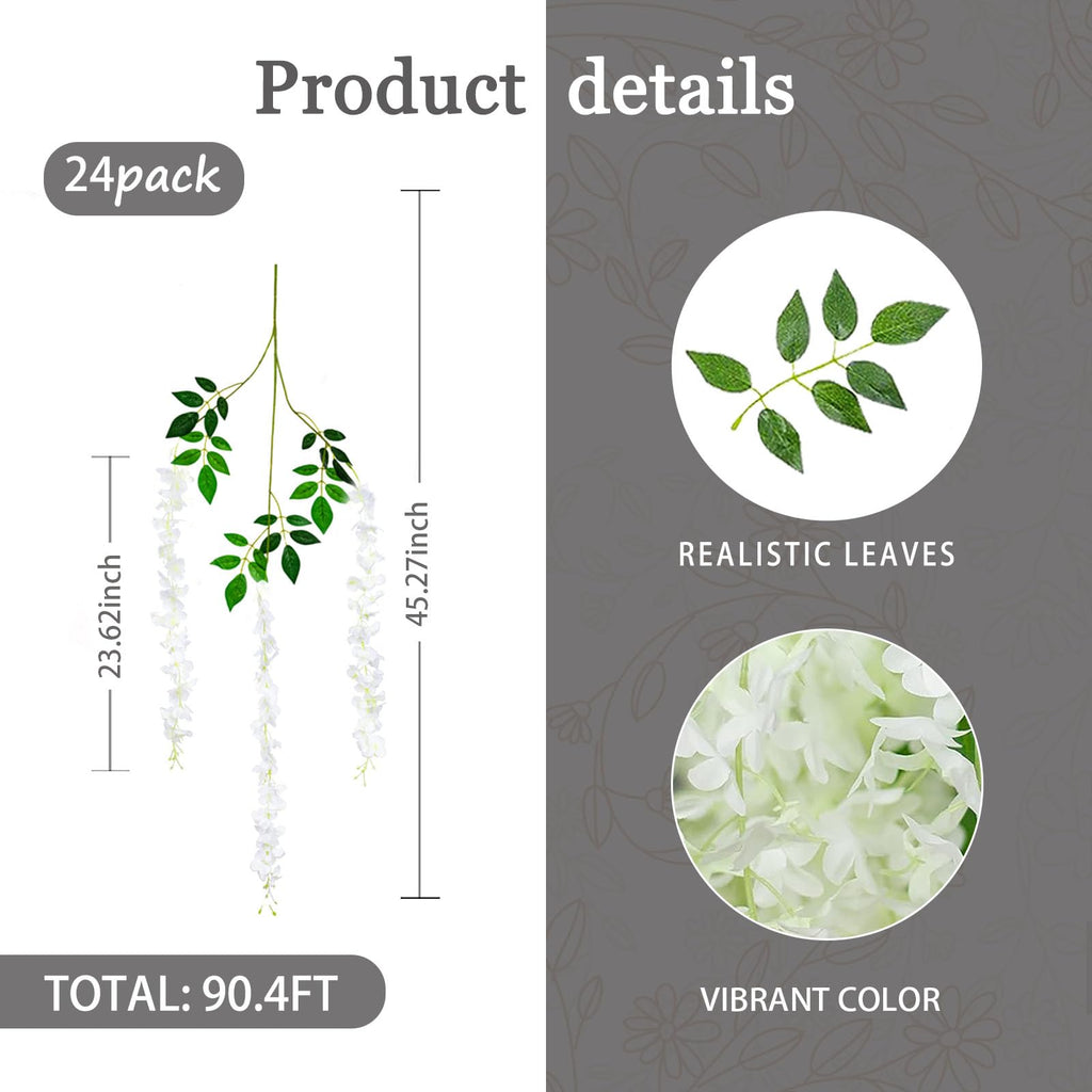 24 Pack White Flower Vines, White Wisteria Hanging Flowers, Fake White Wisteria, 3.77 Feet White Artificial Wisteria Flowers, Wh