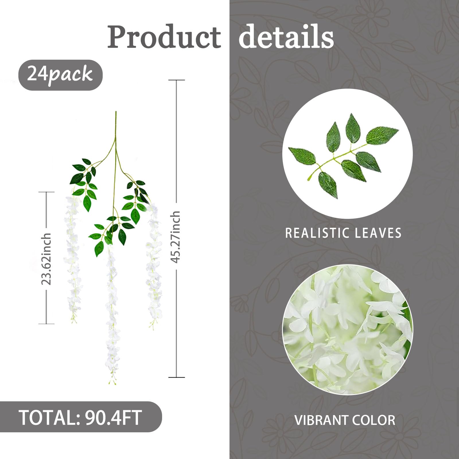 24 Pack White Flower Vines, White Wisteria Hanging Flowers, Fake White Wisteria, 3.77 Feet White Artificial Wisteria Flowers, Wh