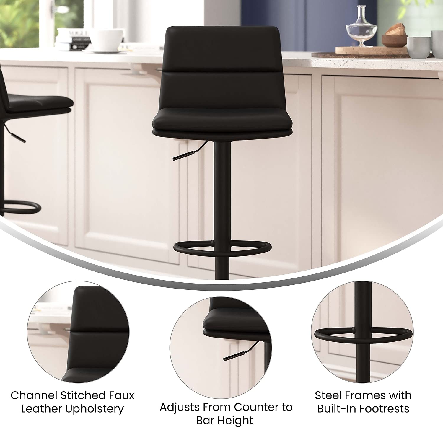 Flash Furniture Hughes Set of 2 Modern Commercial Grade Barstools - Black LeatherSoft Upholstery - Adjusts from Counter to Bar Height - Mid-Back - Channel Stitching