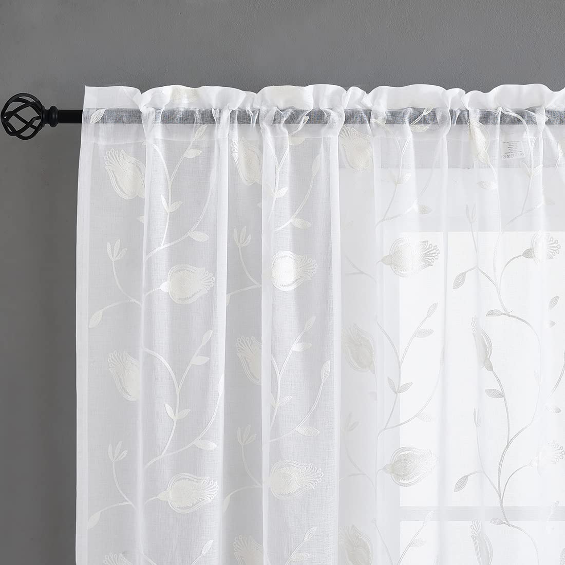 Embroidery White Tulip Sheer Curtains 84 Inches Long, Rod Pocket Sheer Drapes For Living Room, Bedroom, 2 Panels, 52''X 84'', Se