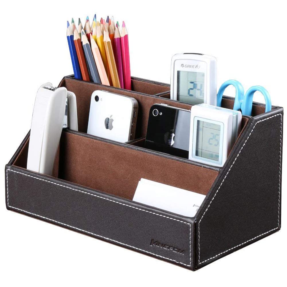 Kingfom Pu Leather Desk Organizer With 5 Compartments Holder, Multi-Functional Office Supplies Storage Caddy For Pen/Pencil, Pho