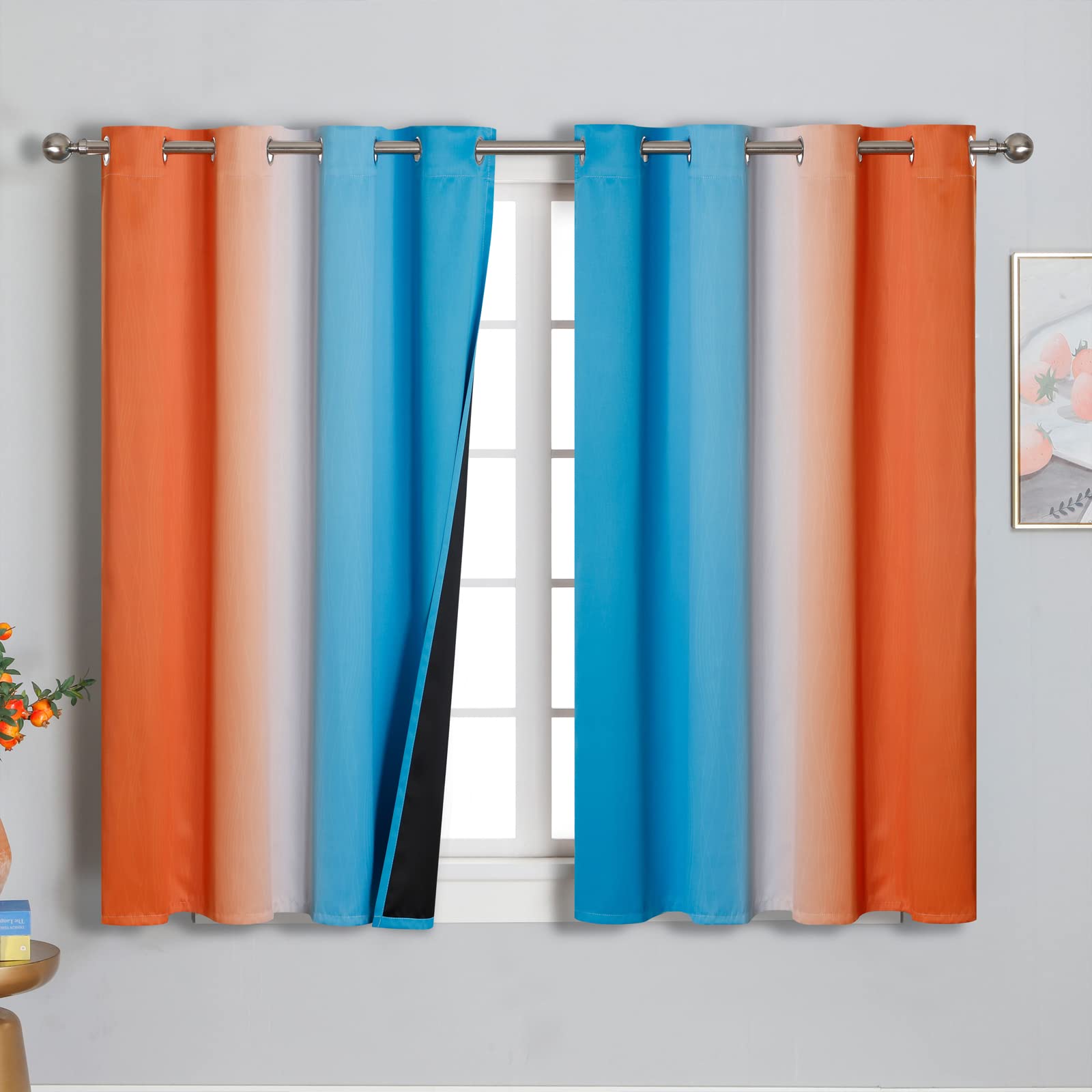 Ombre Orange And Blue Blackout Curtains 45 Inch Length 2 Panels, Full Room Darkening Curtains For Bedroom, Thermal Insulated Gra