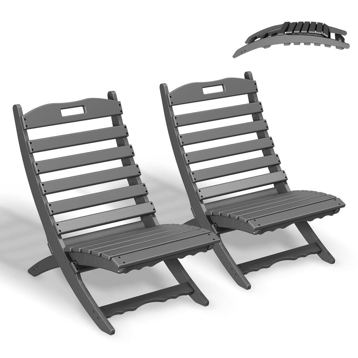 Greenvines Folding-Xavier-Chairs Set Of 2 | Wave | Portable Adirondack-Chair | Hdpe Plastic | All Weather Fire-Pit Chair | Gray | For Beach Outdoor Deck Poolside Garden Patio Porch Fishing