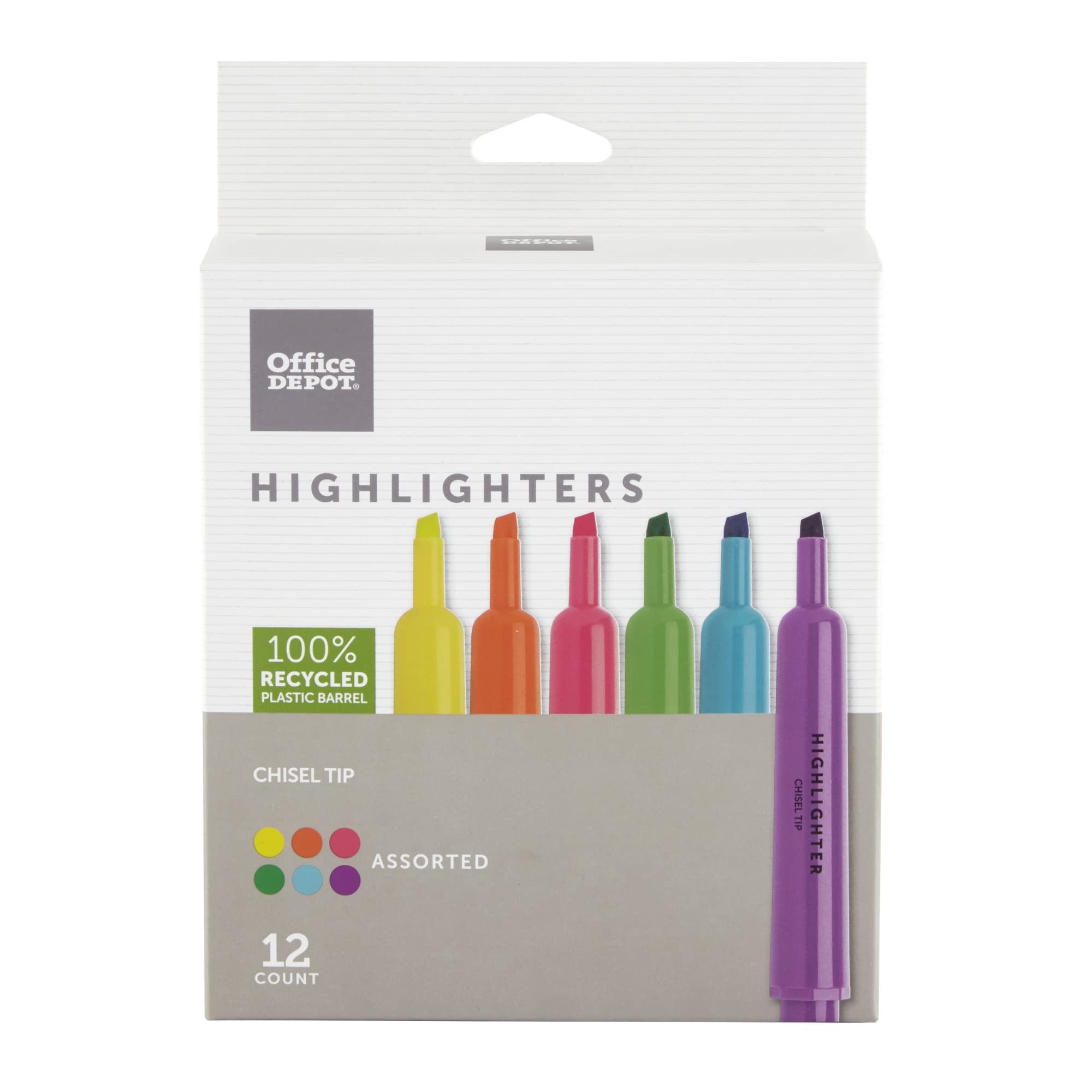 Office Depot Chisel-Tip Highlighter, Assorted Fluorescent Colors, Pack Of 12, 0