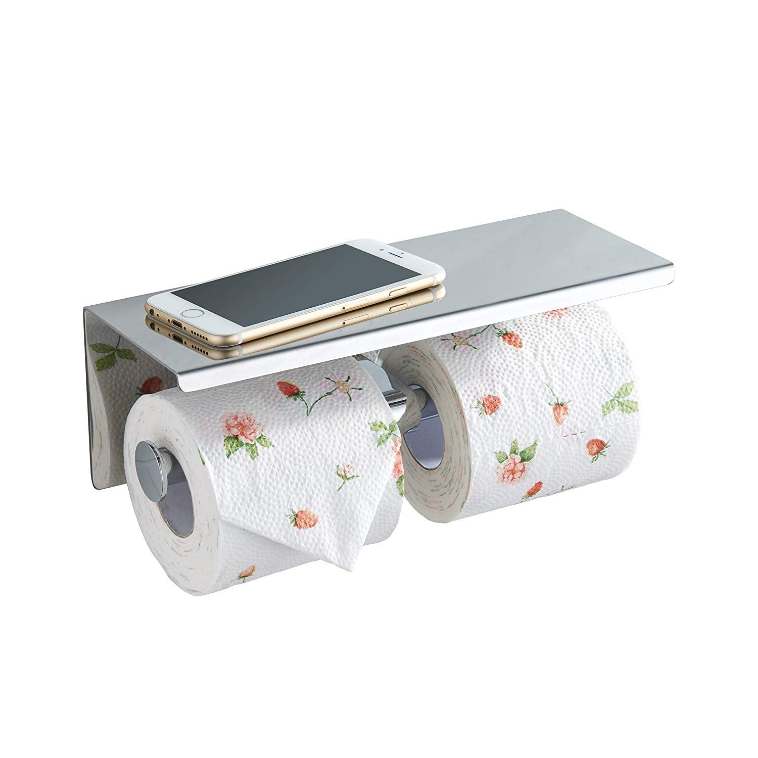 BgL Toilet Paper Holder - Stainless Steel Toilet Paper Roll Holder with Shelf Wall Mounted for Bathroom (Silver, Double Head)
