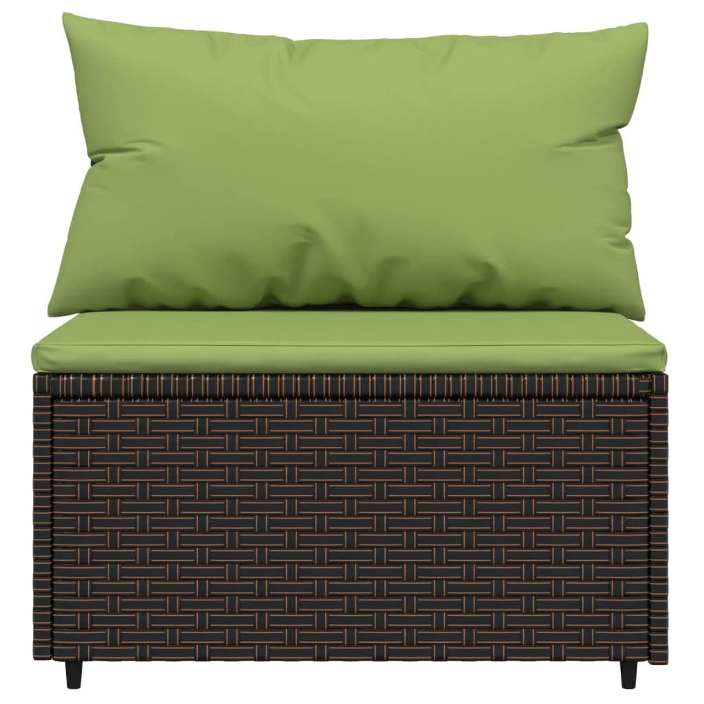 vidaXL Patio Middle Sofa with Cushions - Outdoor Furniture Piece - Durable Powder-Coated Steel - Brown Poly Rattan with Green Cushions - Weather-Resistant & Sturdy