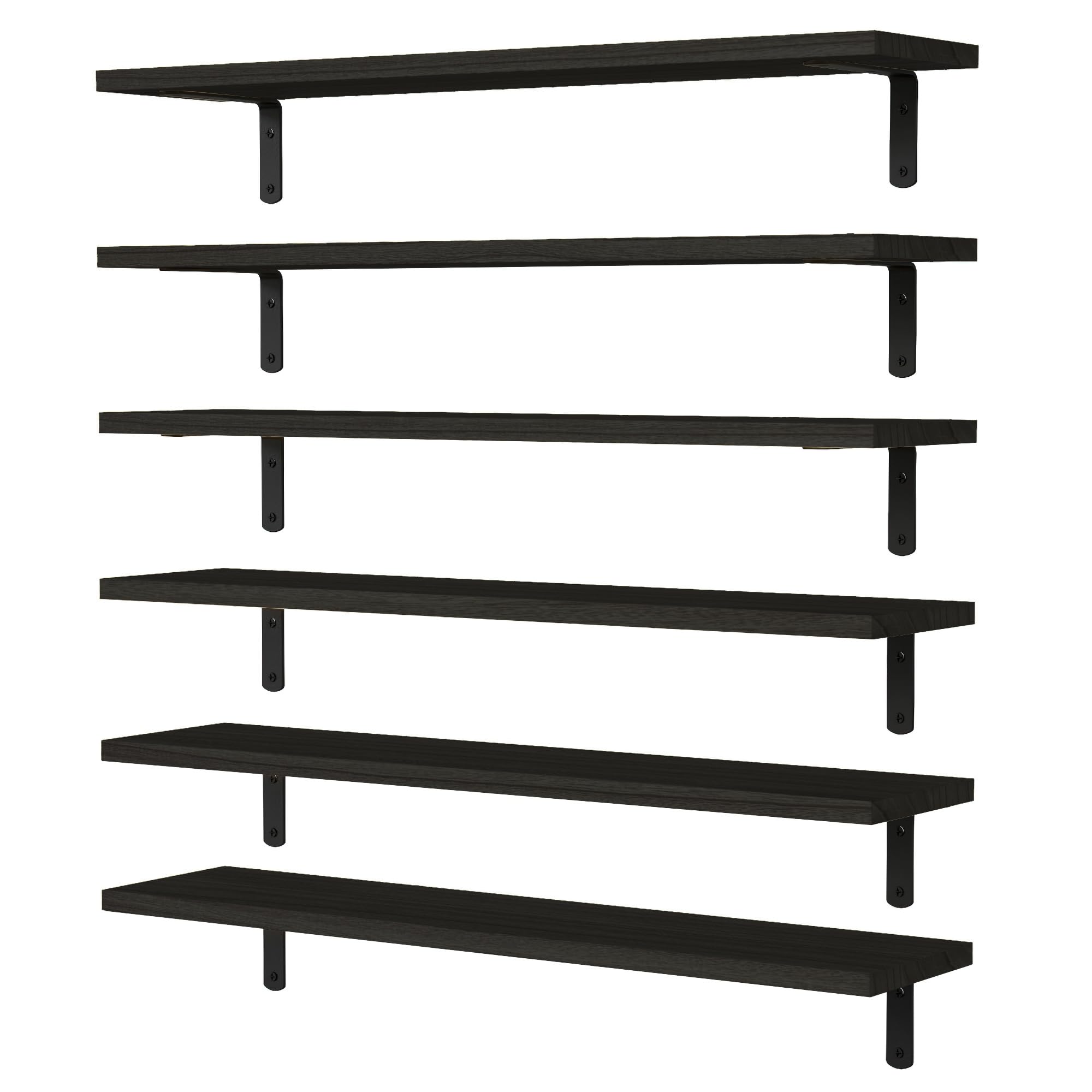 Wopitues Wood Floating Shelves Set Of 6, 24 Inch Long Floating Shelves For Wall Decor, Farmhouse Shelf For Bedroom, Bathroom Storage Shelves, Book Shelves For Living Room - Black