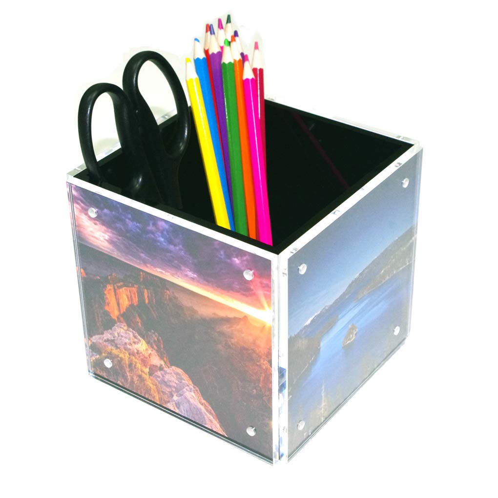 Hesin 4-Side Acrylic Photo Block Cube Tabletop Pen Holder Desktop Storage Organizer For Office, Classroom, Home, Kids, Picture F