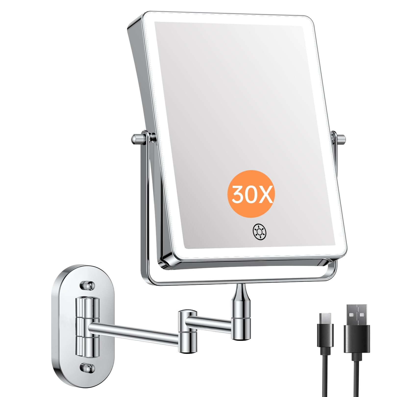 FASCINATE Rechargeable Wall Mounted Makeup Mirror, 8.7 Double Sided Touch Switch 1X/30X Rectangle Wall Mounted Magnifying Mirror