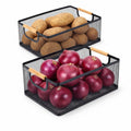 Qinpufu Potato and Onion Storage Baskets with Wood Handles, 2Set Metal Mesh Bin for Kitchen, Pantry, Countertop, Ventilated Org