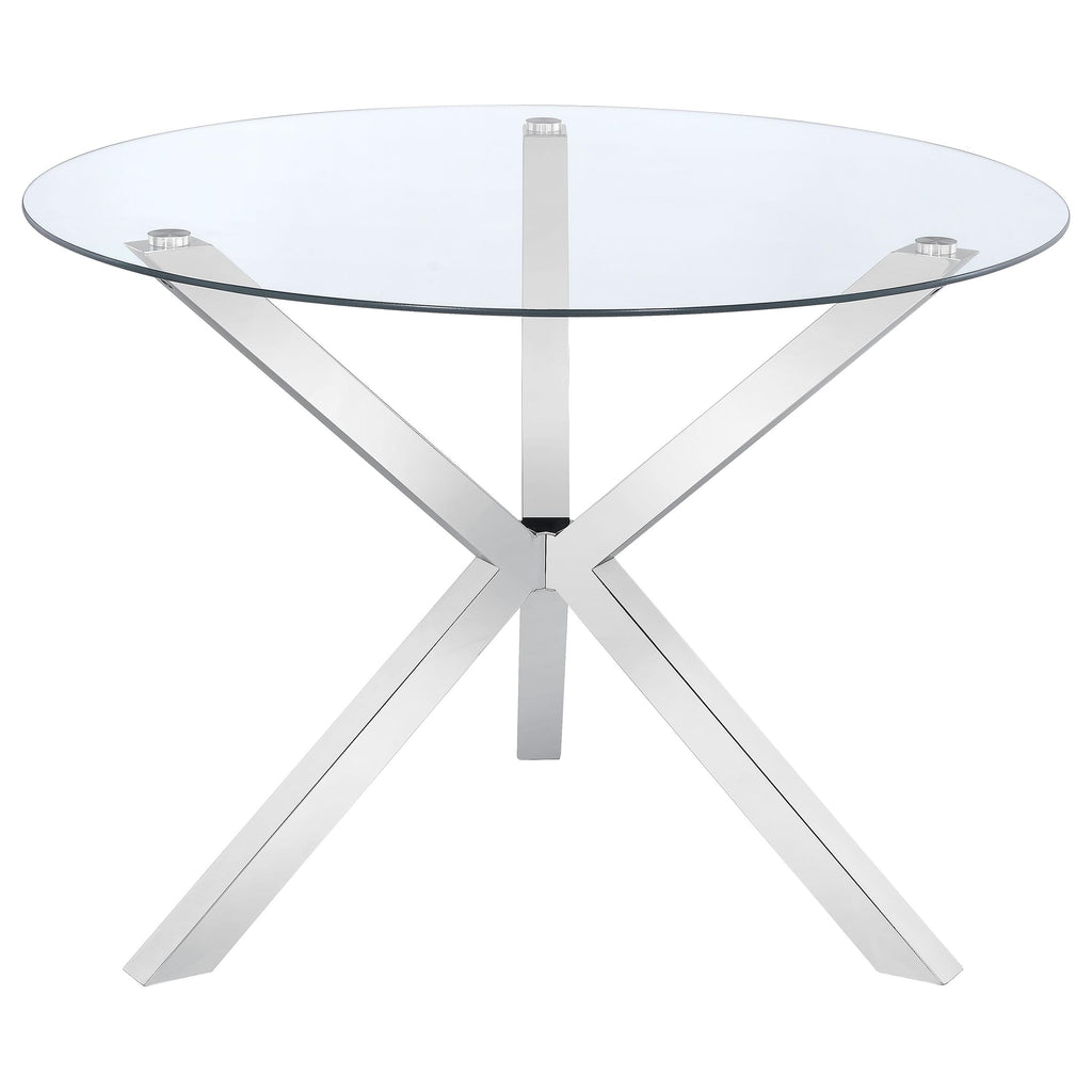 Coaster Home Furnishings Vance 41-inch Round Clear Tempered Glass Top Asterisk Dining Room Table Electroplated Chrome Steel Base 120760