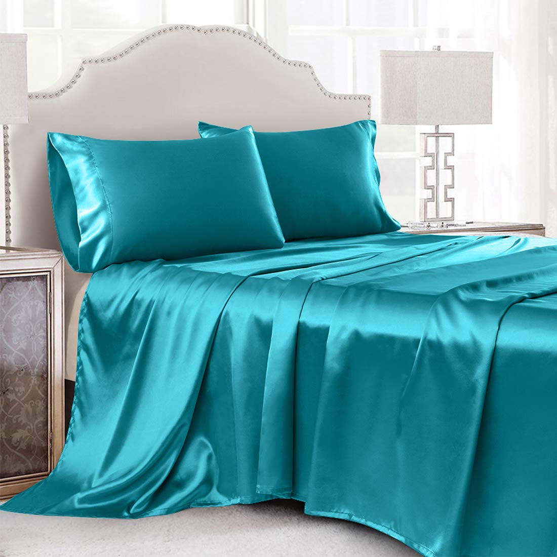 Cobedzy 4 Piece Teal Satin Sheets Queen Size, Soft Silky Bed Sheets Queen Set, Luxury Bed Sheet Set With 1 Deep Pocket Fitted Sh
