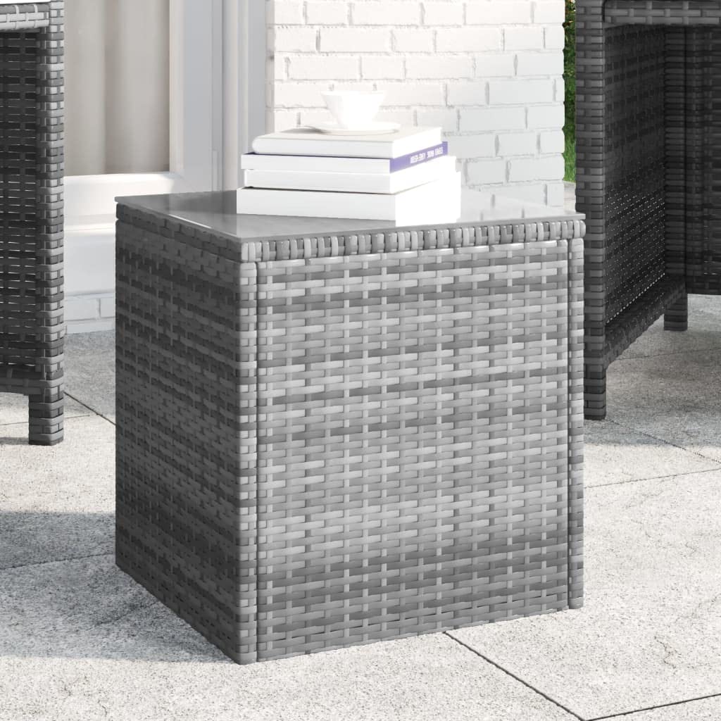 vidaXL Gray Side Table - Versatile Poly Rattan Table for Indoor-Outdoor Use, Weather-Resistant, Tempered Glass Top Side Table, Ideal for Garden, Patio, Deck, Living Room
