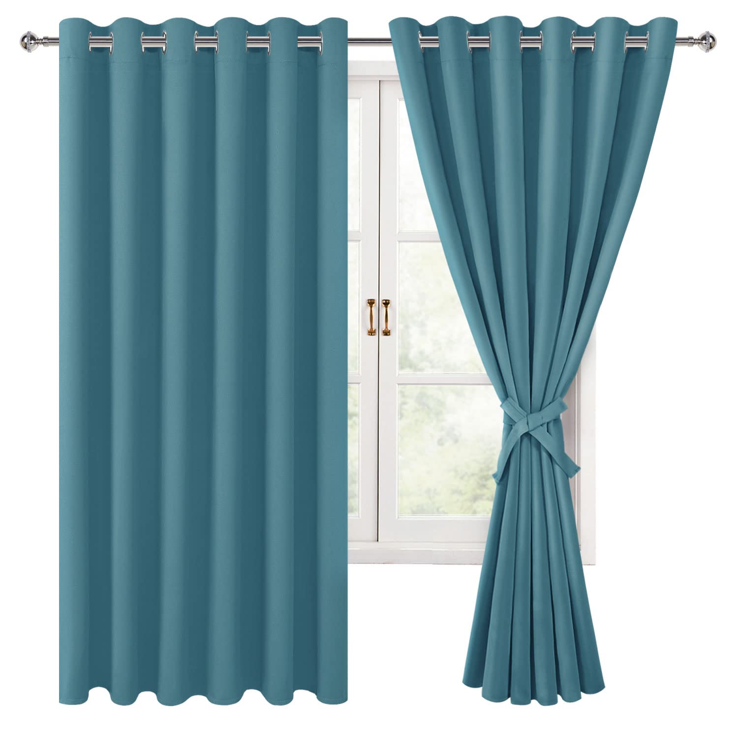 Hiasan Grommet Blackout Curtains For Bedroom, 70 X 63 Inches - Thermal Insulated & Light Blocking Window Drapes For Living Room/Dorm Room, Set Of 2 Panels Sewn With Tiebacks, Turquoise