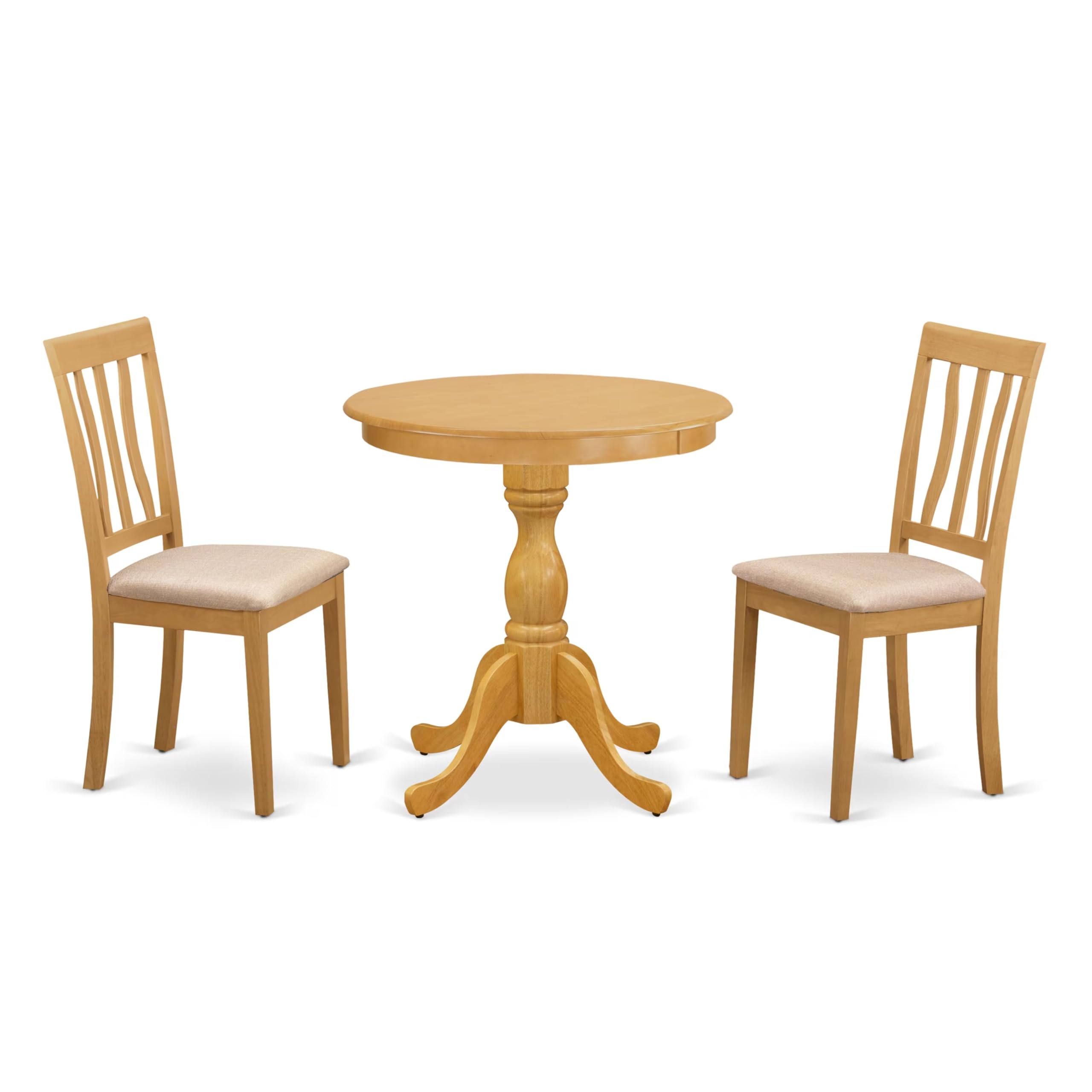 East West Furniture Esan3-Oak-C 3 Piece Kitchen Table & Chairs Set Contains A Round Dining Room Table With Pedestal And 2 Linen Fabric Upholstered Chairs, 30X30 Inch, Oak