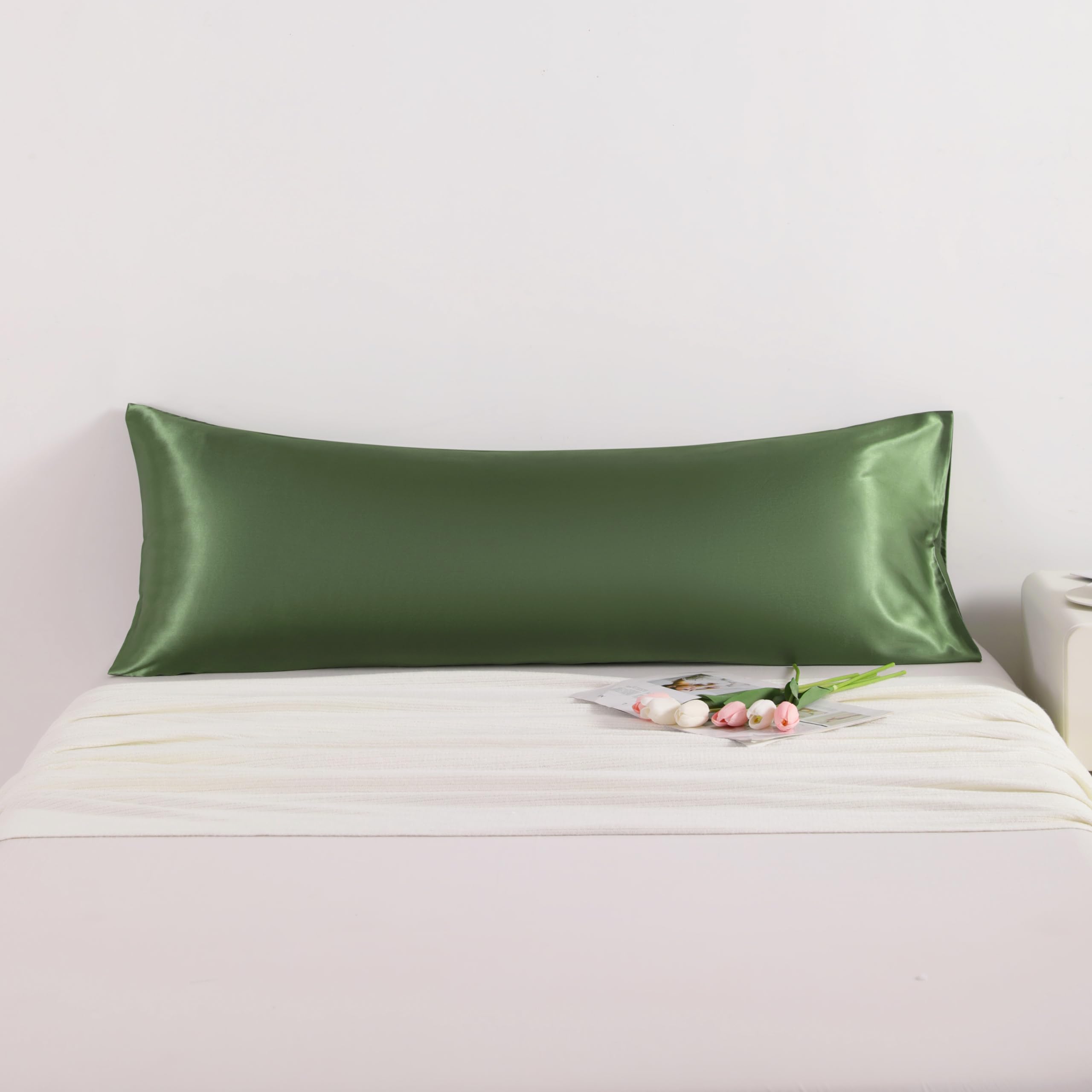 Ntbay Satin Body Pillowcase For Hair And Skin, Luxurious And Silky Pillow Case With Envelope Closure, 20X54 Inches, Olive Green