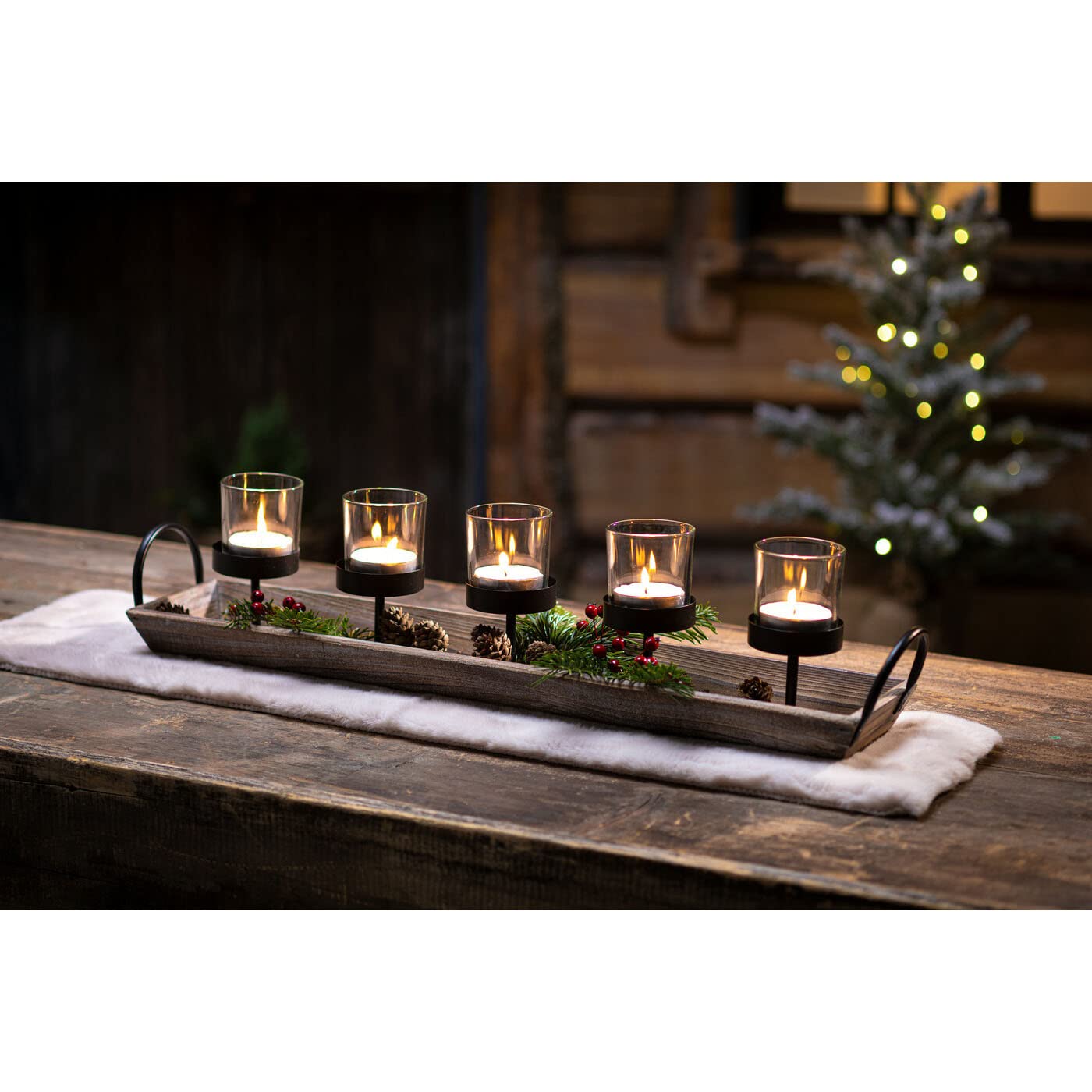Westcharm Large 27.5 inch 5-Pillar Glass Candle Holder Set Centerpiece with Rustic Wood Tray for Thanksgiving Holiday Table Mant