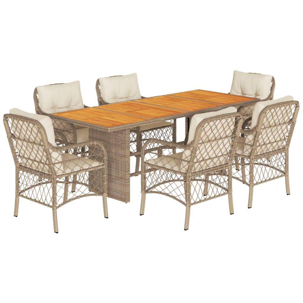 vidaXL 7 Piece Patio Dining Set with Cushions Beige Poly Rattan - Acacia Wood Table, Cushioned Seats for Garden, Patio, Backyard