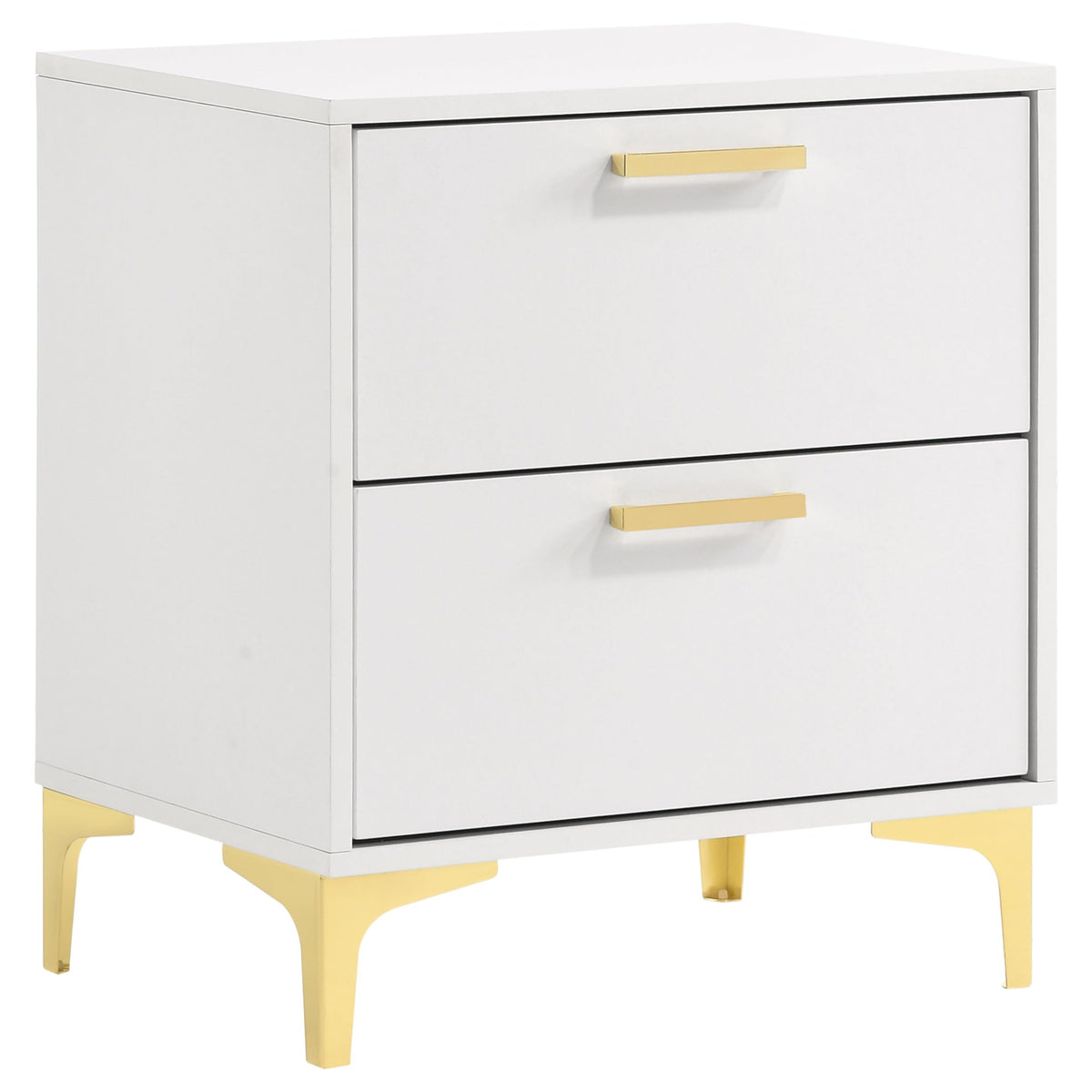 Coaster Home Furnishings Kendall 2-Drawer Contemporary Nightstand Bedroom Storage Cabinet Bedside Table Engineered Wood Eco-Friendly Laminate with Gold Metal Legs and Handles White 224402