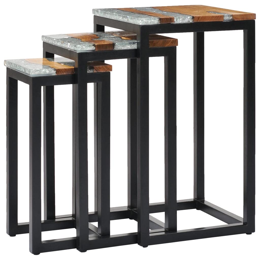 vidaXL Nesting Tables 3 Piece Set, Solid Teak Wood and Polyresin, Brown, Retro Style, Stackable, Durable, Unique, Multifunctional, for Living Room Bedroom