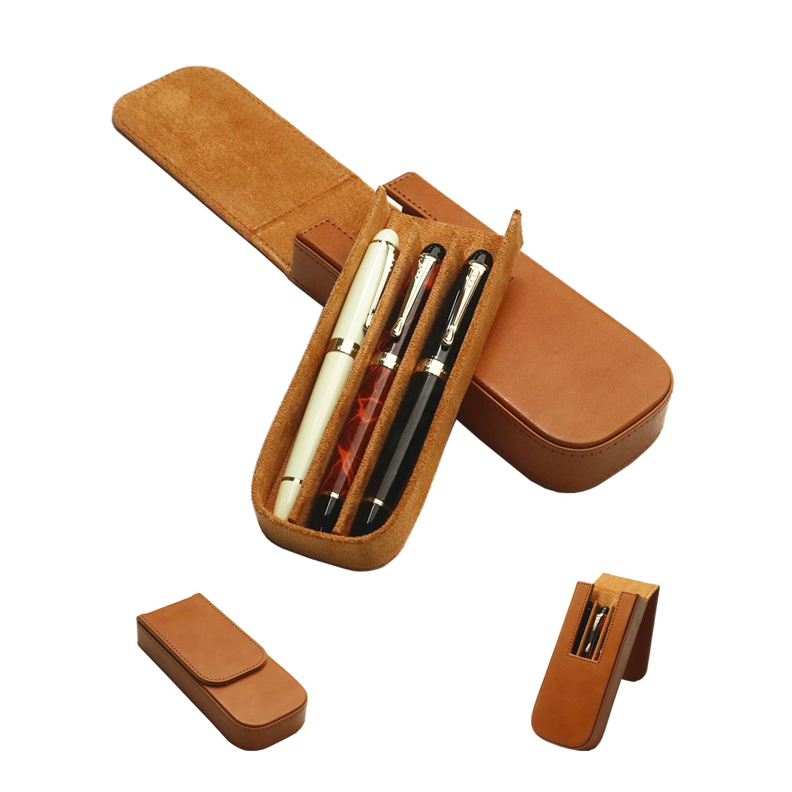 Mivlxlx Leather Triple Pen Case Pencil Pouch Holder For Three Fountain Ballpoint Rollerball Pens And Pencils Gift Choice For Man