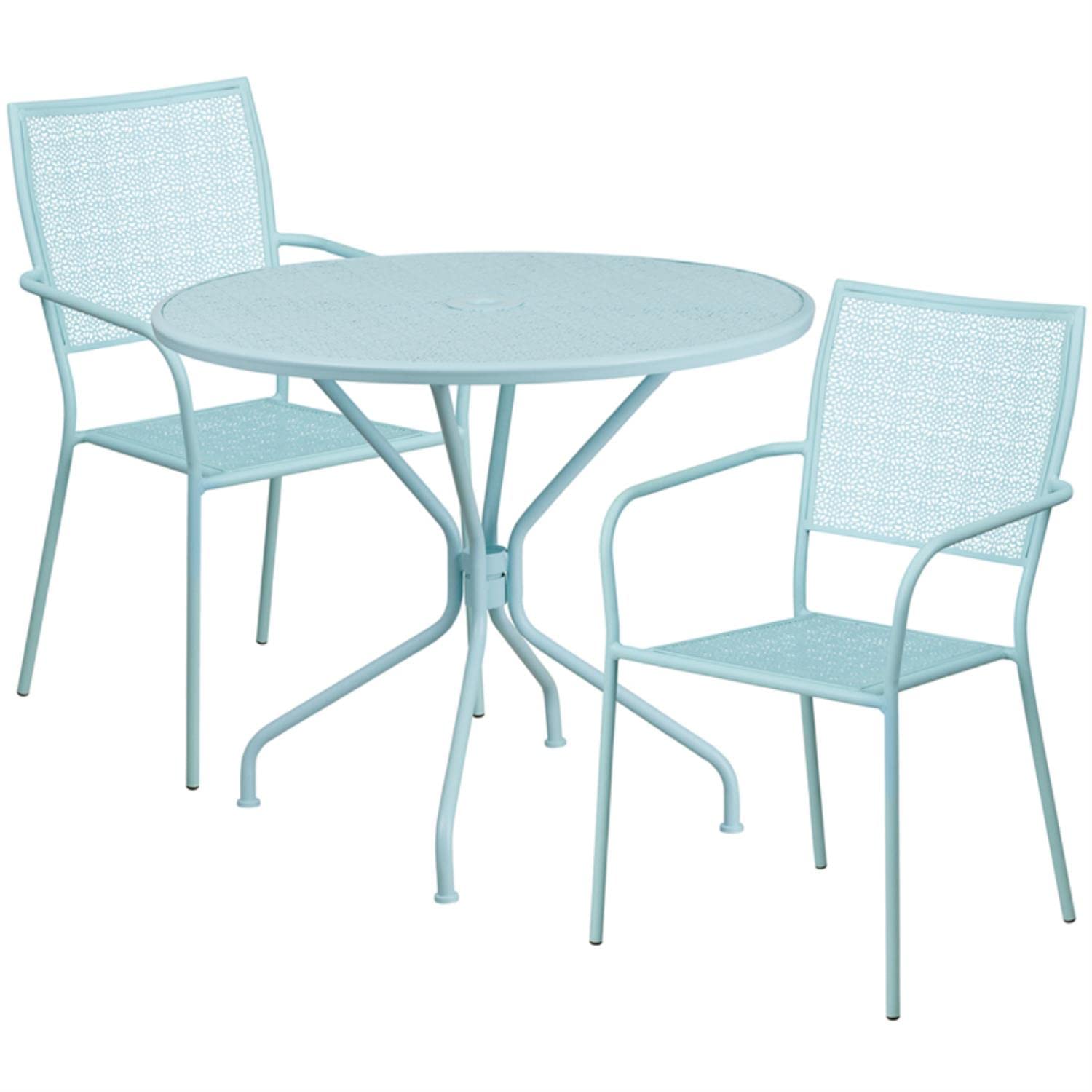 Flash Furniture Commercial Grade 35.25' Round Sky Blue Indoor-Outdoor Steel Patio Table Set With 2 Square Back Chairs