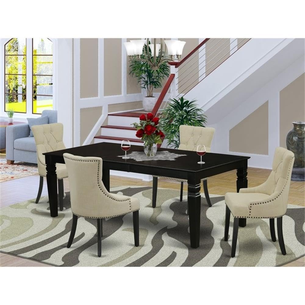 East West Furniture Lgfr5-Blk-02 5 Piece Dining Room Set Includes A Rectangle Wooden Table With Butterfly Leaf And 4 Light Beige Linen Fabric Parson Dining Chairs, 42X84 Inch, Black