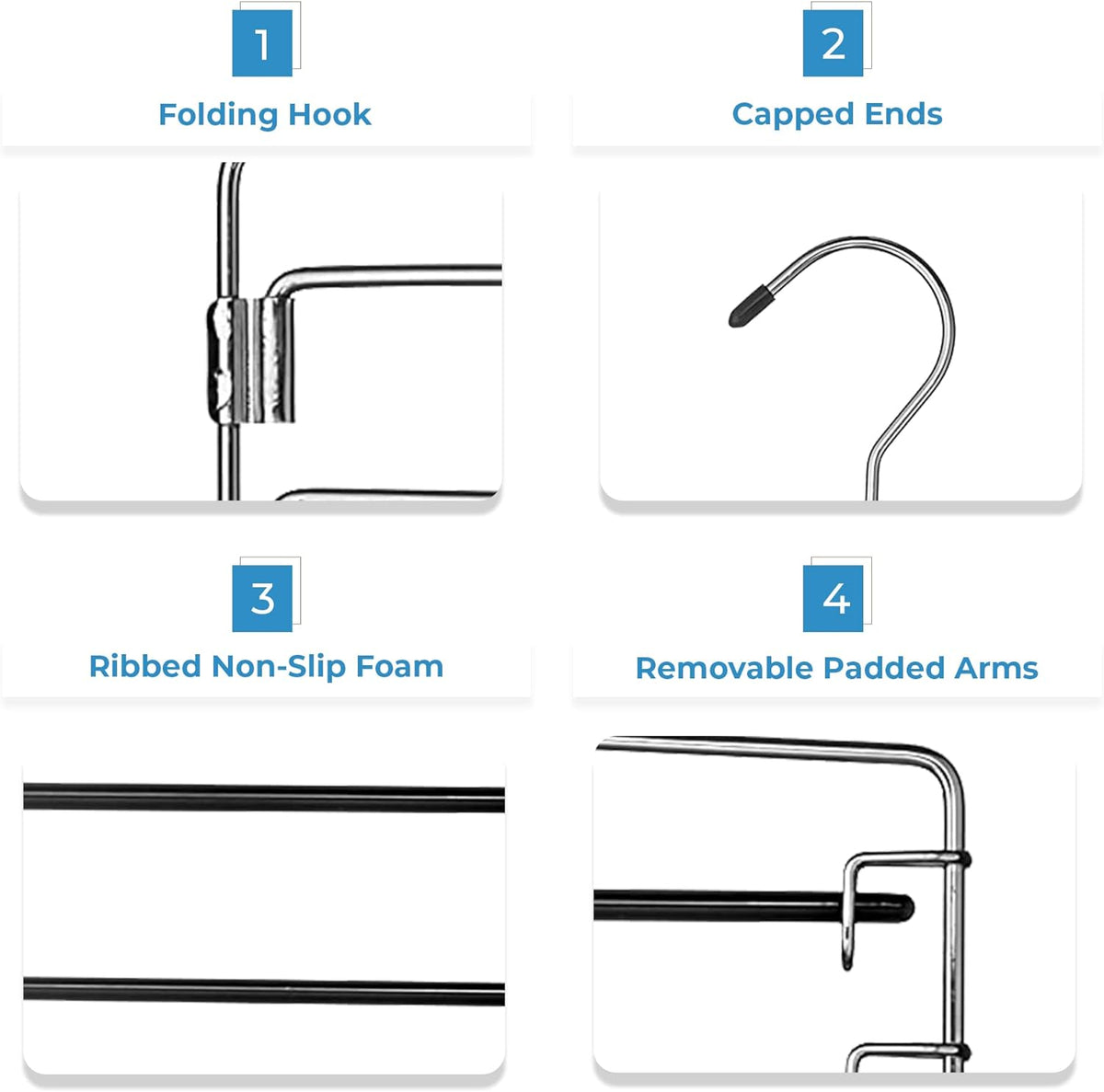 4-Tier Swing Arm Pants Hanger with Removable Foam-Padded Arms, Up to 5 Garments, Chrome