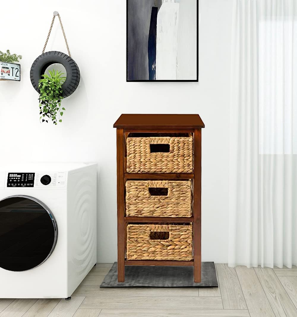 eHemco 3-Tier Walnut X-Side Storage Cabinet with 3 Wicker Baskets, 14D x 14W x 25H, Stylish Organizer for Home & Office