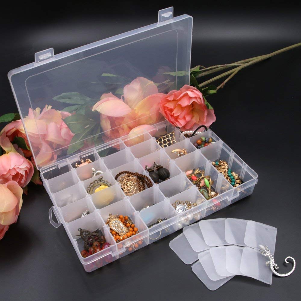 EMAILYA RETAILS 24 Grids Clear Plastic Organizer Jewelry Storage Box with Adjustable Dividers, Transparent Storage Organizer Box