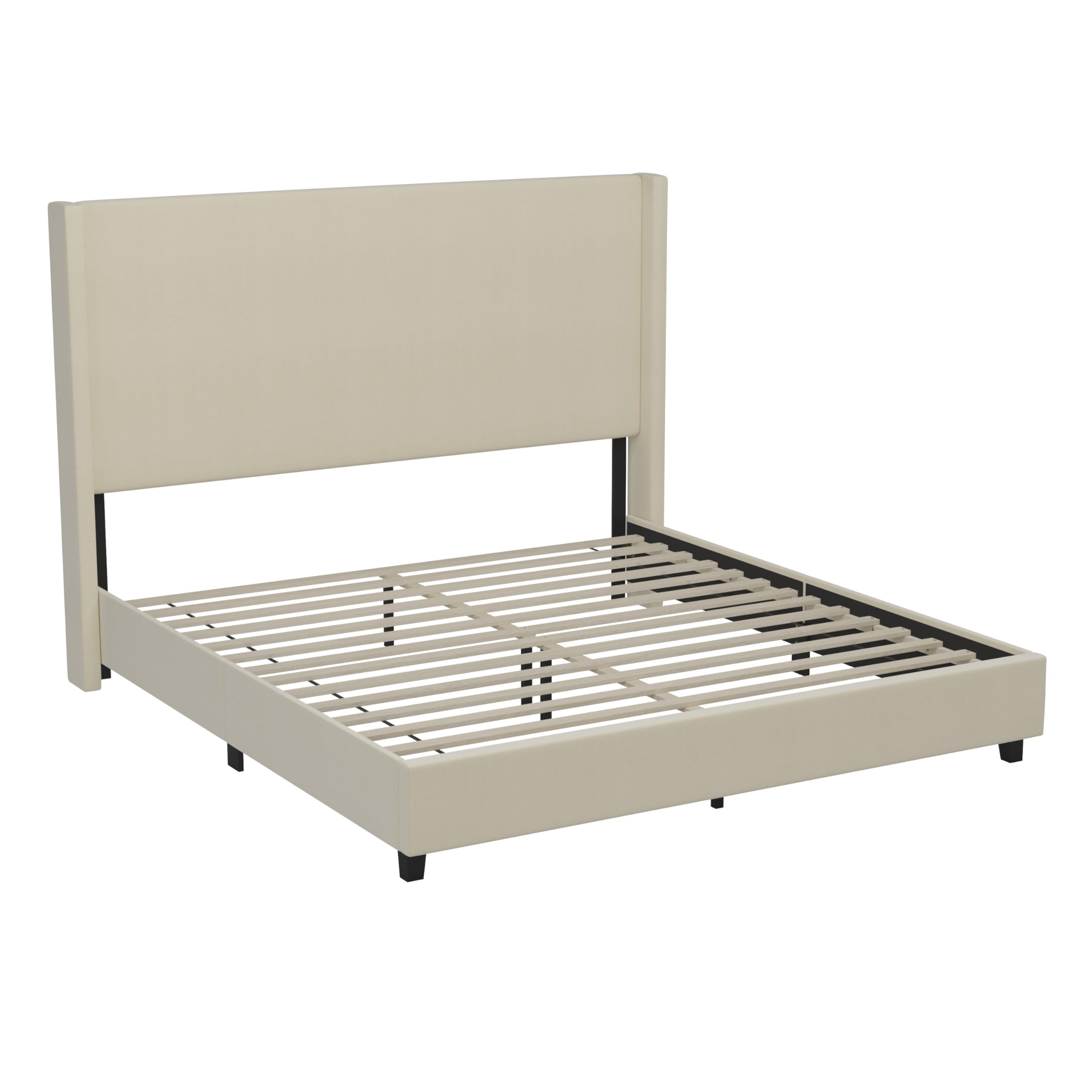 Flash Furniture Quinn Upholstered Platform Bed - Beige Channel Stitched Wingback Headboard - King - Mattress Foundation with Slatted Supports - No Box Spring Needed