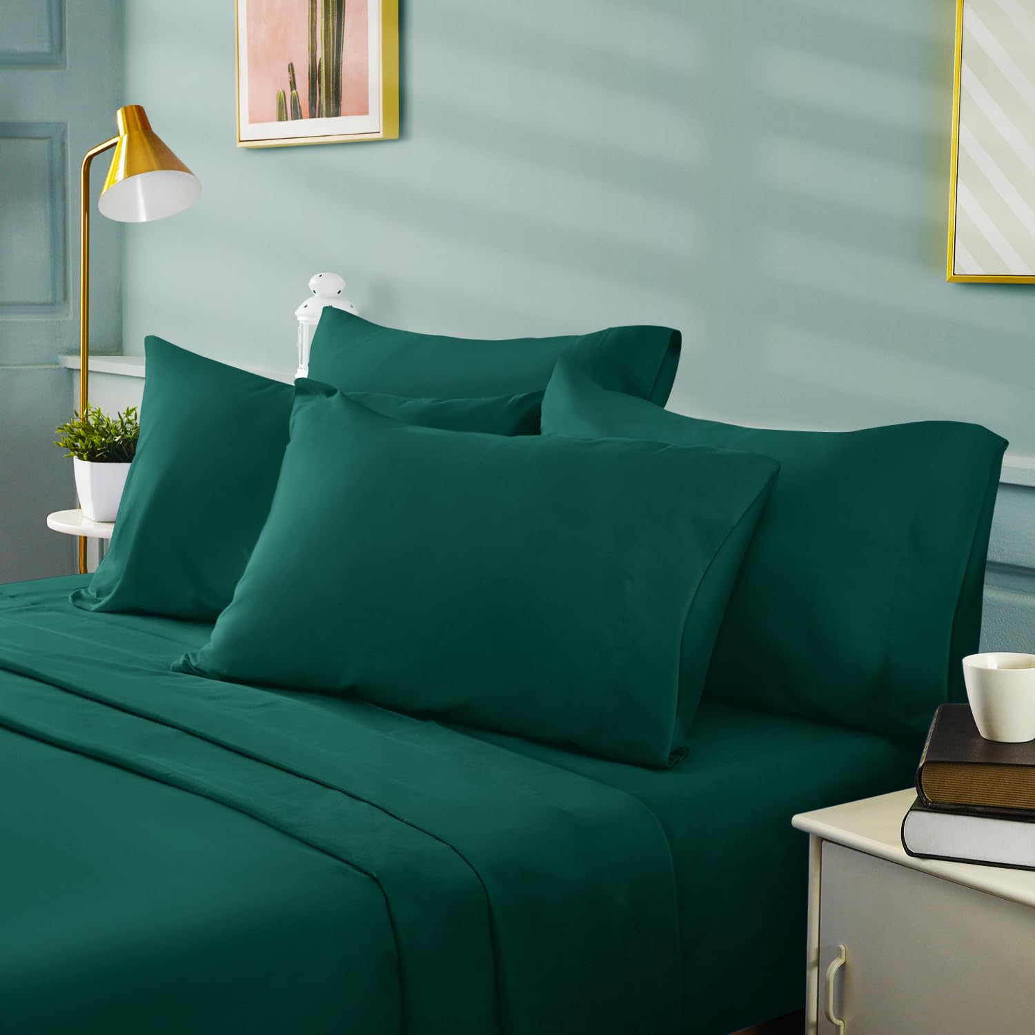 Bysure 6 Pieces Bed Sheets Set(Queen, Dark Forest Green) - Hotel Luxury Super Soft 1800 Thread Count 100% Microfiber Sheets With