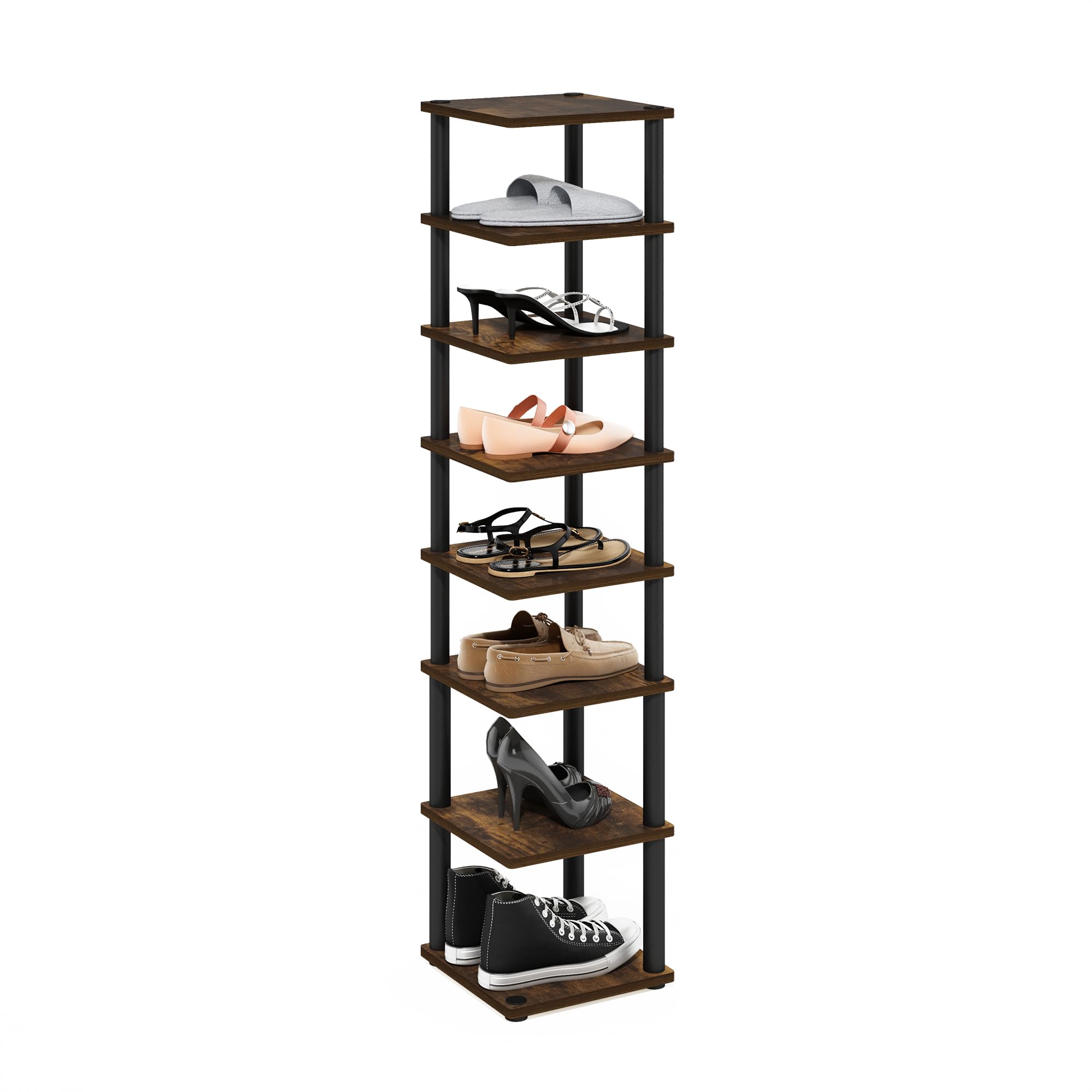 Furinno Turn-N-Tube 8-Tier Vertical Space Saving Free Standing Shoe Tower, Shoe Rack for Closet Entryway, Amber Pine/Black
