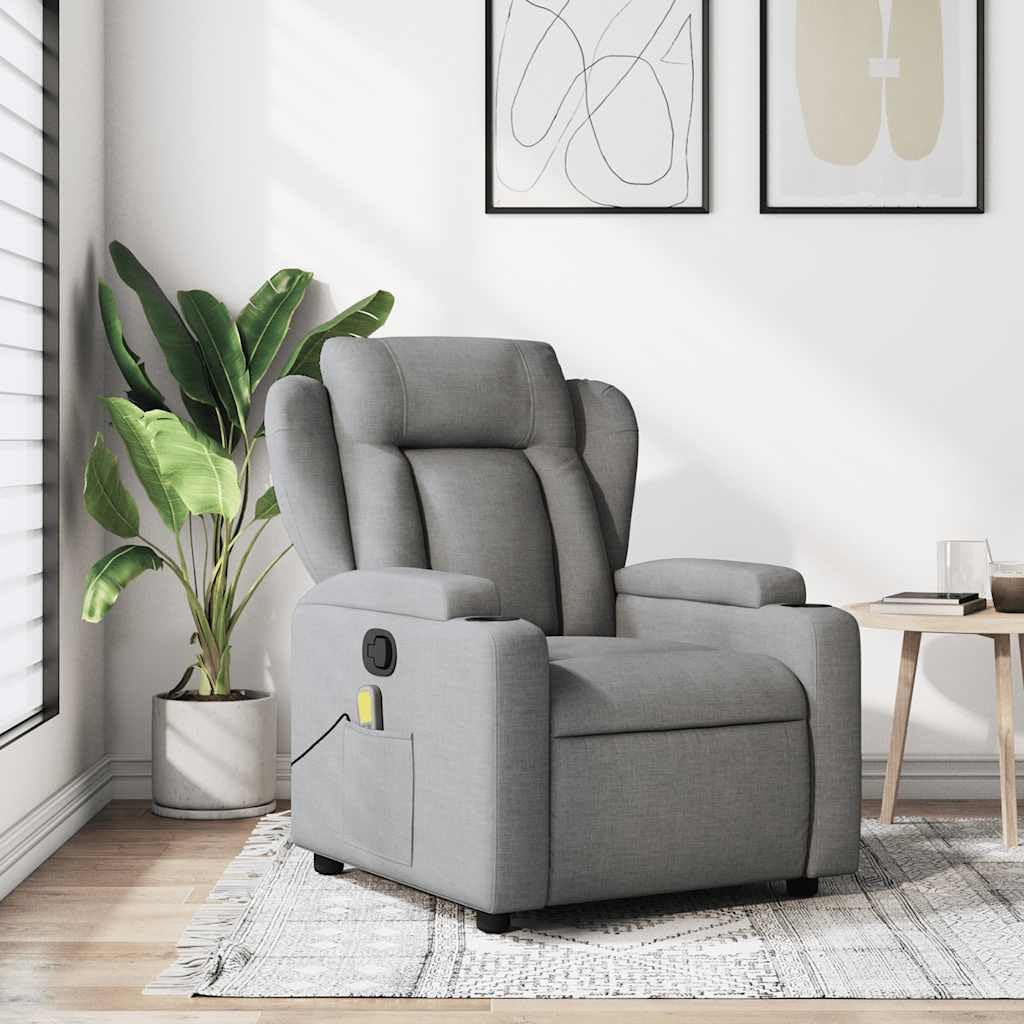 vidaXL Light Gray Fabric Recliner Chair with 6-Point Vibration Massage, Adjustable Backrest & Footrest, Cup Holders, Side Pocket, Padded Seat, Perfect for Living Room or Home Theater Seating