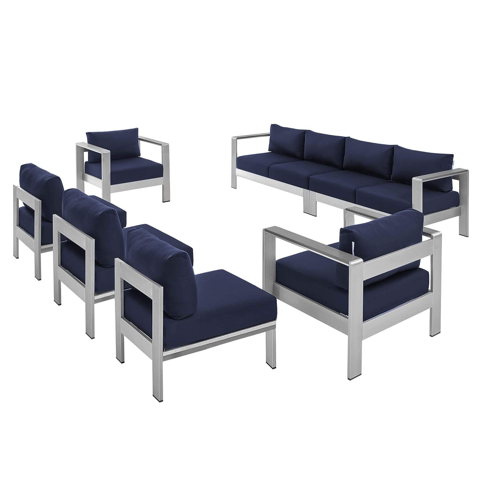 Modway EEI-5481-SLV-NAV-SET Shore Sunbrella Fabric Outdoor Patio Aluminum 7 Piece Silver Navy Sectional Sofa Set, Blue