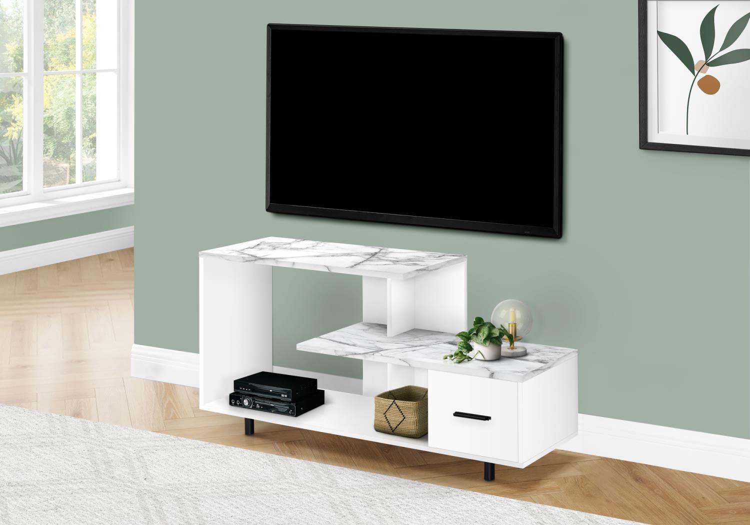 Monarch Specialties 2609 Tv Stand, 48 Inch, Console, Media Entertainment Center, Storage Drawer, Living Room, Bedroom, Laminate, White Marble Look Stand-48 Top 1, 47.25&quot; L x 15.75&quot; W x 24&quot; H