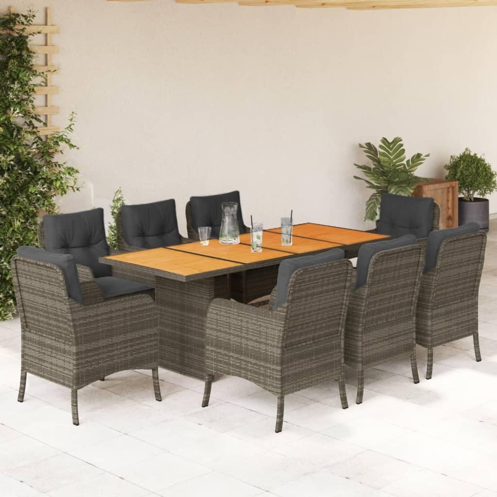 vidaXL 9-Piece Patio Dining Set - Gray Poly Rattan with Acacia Wood Table, Cushioned Chairs for Outdoor, Garden, Deck, Backyard, and Patio Use