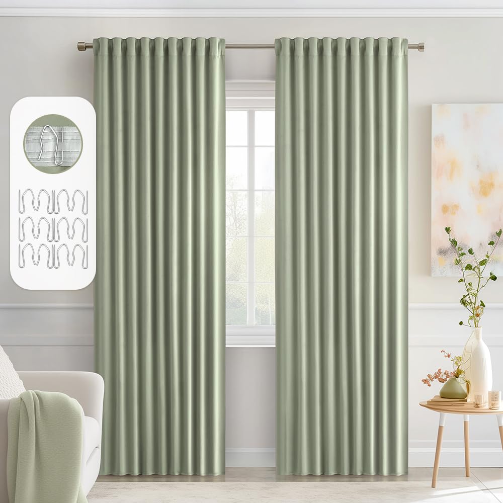 Miulee Back Tab Sage Green Curtains 90 Inch Long 2 Panels Set For Living Room Bedroom Privacy, Rod Pocket/Pinch Pleated Light Blocking Thermal Insulated Room Darkening Blackout Curtains, 52 X 90 Inch