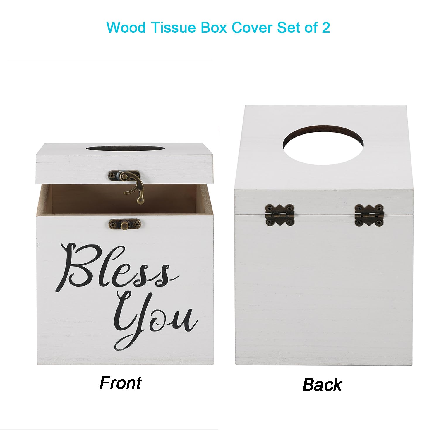 Jorikchuo Bless You Tissue Box Cover, Set Of 2 Wood Tissue Box Cover Square, Farmhouse Toilet Paper Holder (Classic White)