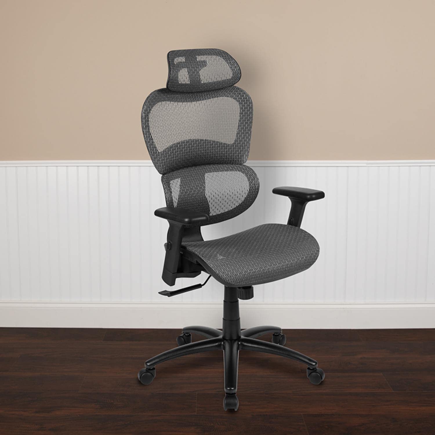 Flash Furniture Lo Ergonomic Mesh Office Chair With 2-To-1 Synchro-Tilt, Adjustable Headrest, Lumbar Support, And Adjustable Pivot Arms In Gray