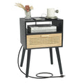 Maxsmeo Mid Century Modern Nightstand With Charging Station, Bedside Tables With Rattan Drawer, Small Wood Nightstand Side Table For Living Room,Bedroom (Black)
